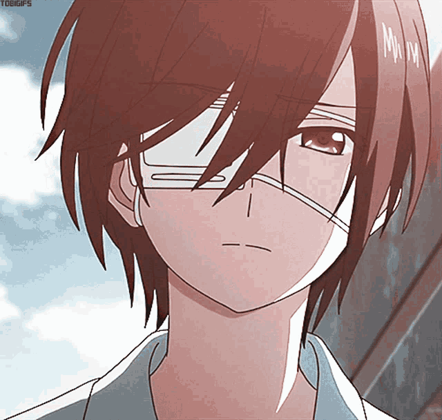 a close up of a person 's face with a bandage on one eye