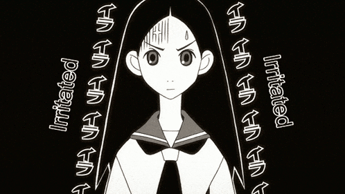 a black and white drawing of a girl with the words irritated in white letters behind her