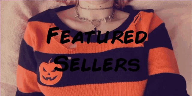 a woman wearing an orange and black striped sweater with a pumpkin on the front is featured sellers