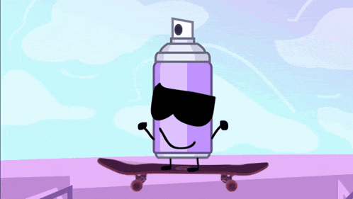 a purple spray can wearing sunglasses is on a skateboard