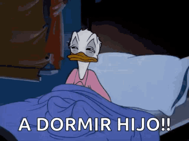 a cartoon of donald duck laying in bed with the words a dormir hijo written below him
