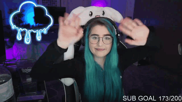 a girl with blue hair wearing headphones and a bunny hat has a sub goal of 173/200