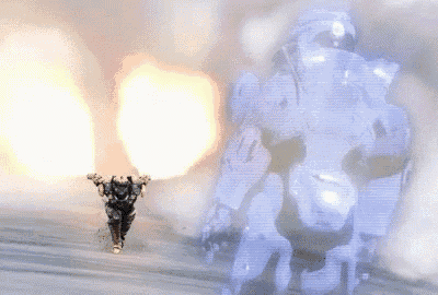 a robot with the number 17 on it stands in front of an explosion