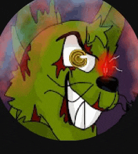 a cartoon drawing of a green monster with red eyes holding a black object