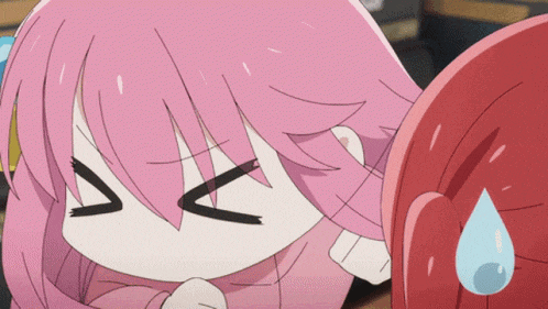 a girl with pink hair has her eyes closed and a drop of water on her forehead