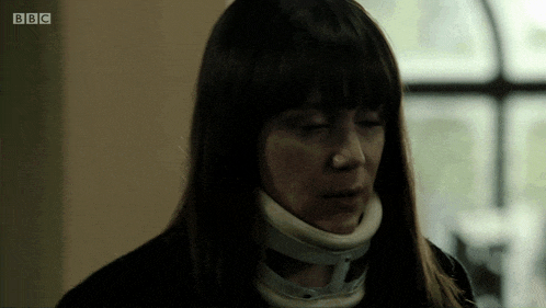 a woman wearing a neck brace is on a bbc channel