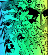 a cartoon drawing of a group of people and animals