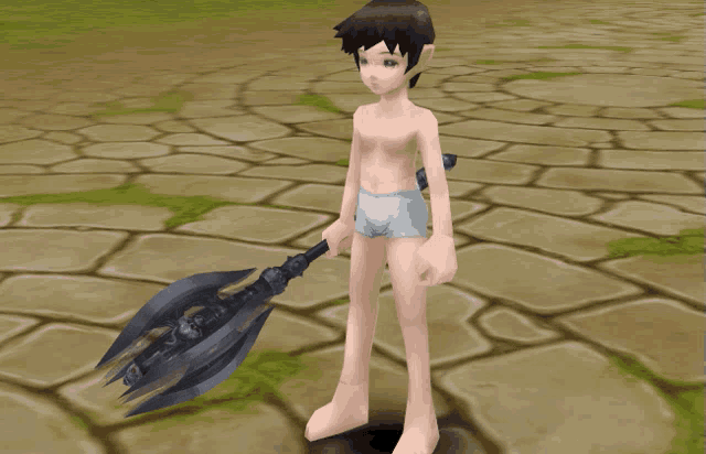 a cartoon character without a shirt is holding a spear