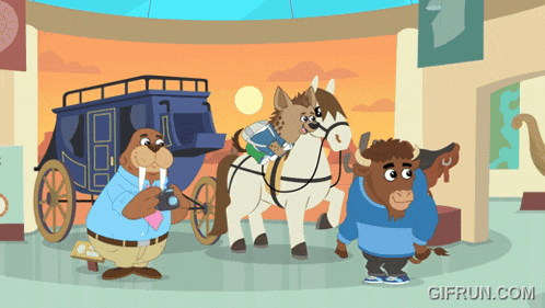 a horse drawn carriage is pulled by a walrus and a bison in a cartoon