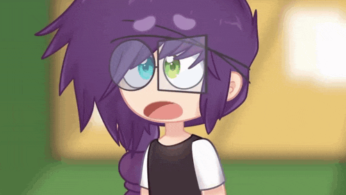 a cartoon character with purple hair and glasses looks surprised