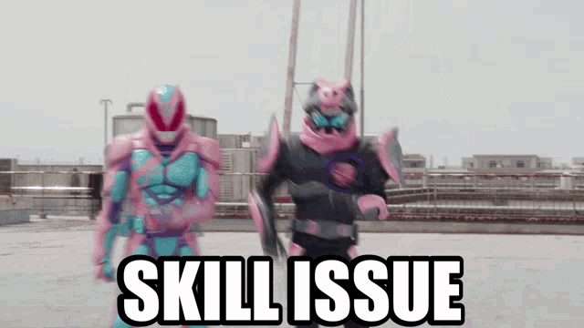 two superheros are standing on a rooftop with the words skill issue written on the bottom