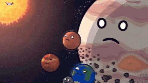 a planet with a sad face is surrounded by other planets and the sun