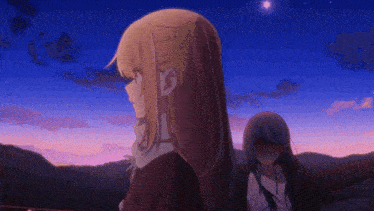 two anime girls are standing in front of a sunset