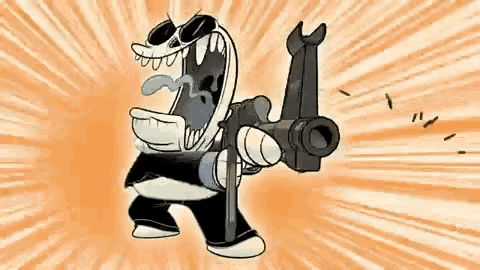 a cartoon character is holding a gun with a wrench in his hand .