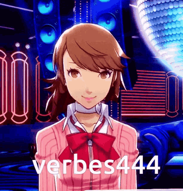 a girl in a pink sweater and red bow tie is standing in front of a disco ball with the words verbes444 above her .