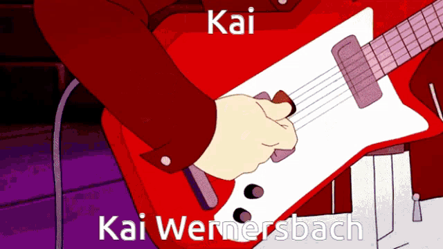 a cartoon of a person playing a red electric guitar with the name kai wernersbach on the bottom