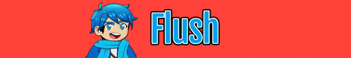 a boy with blue hair and a scarf stands in front of a red background that says flush