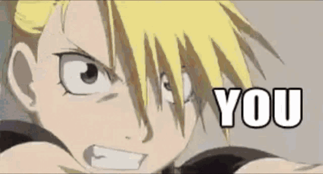 a close up of a cartoon character with the words `` you '' written on the bottom .