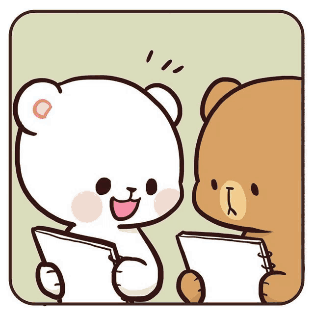 a cartoon of two teddy bears looking at papers