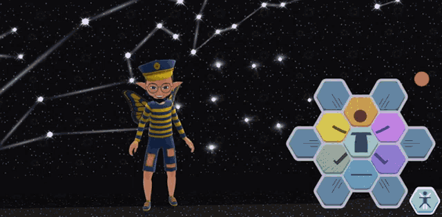 a boy in a striped shirt is standing in front of a starry sky