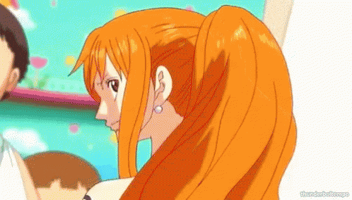 nami from one piece is wearing a ponytail and earrings while standing next to a man .