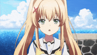 a blonde anime girl with a red x on her hair