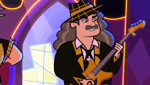 a cartoon of a man playing a guitar with a hat on