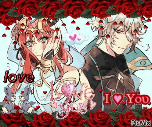 a picture of a man and a woman surrounded by red roses with the words i love you