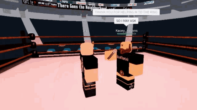 two wrestlers in a wrestling ring with a sign that says " there goes the neighborhood "