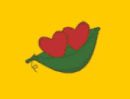 a green leaf with two red hearts in it on a yellow background