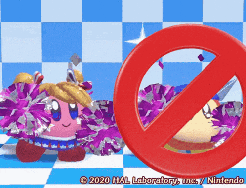 a cartoon cheerleader with purple pom poms and a red no sign