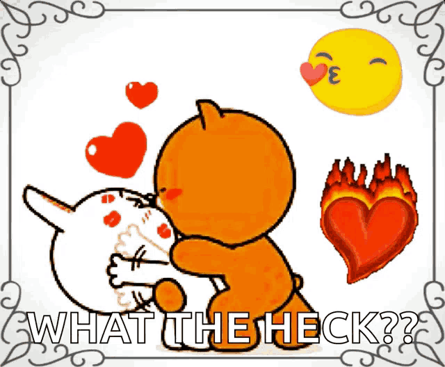 a cartoon of a teddy bear kissing a rabbit with the words what the heck written below it