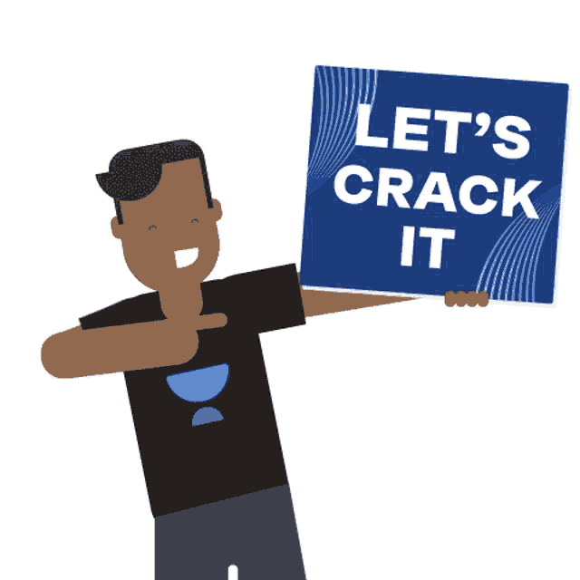 a man is holding a blue sign that says let 's crack it