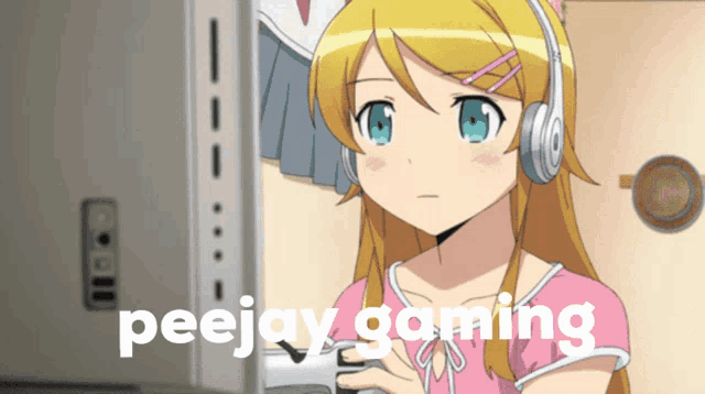 a girl wearing headphones is playing a video game and the words peejay gaming are on the bottom
