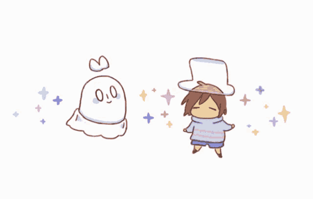 a drawing of a ghost and a boy with a hat on