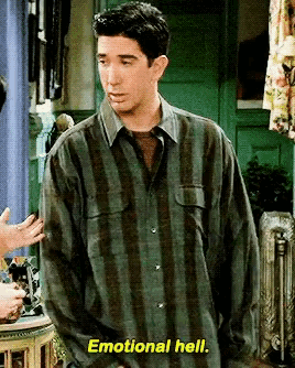 a man wearing a striped shirt says emotional hell