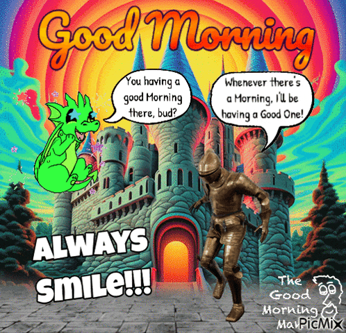a good morning greeting card with a dragon and knight in front of a castle