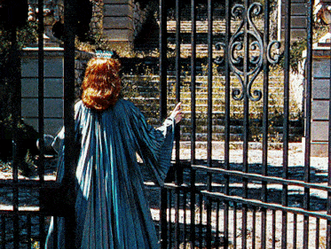 a woman in a blue dress stands behind a gate