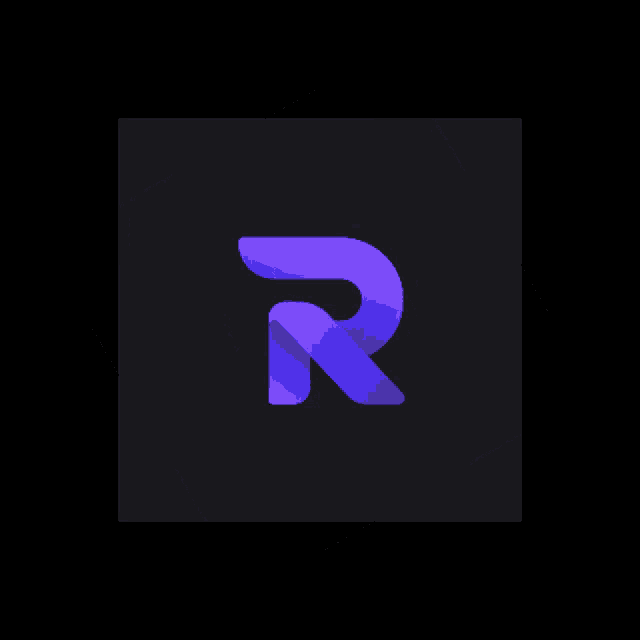 a purple letter r on a dark background