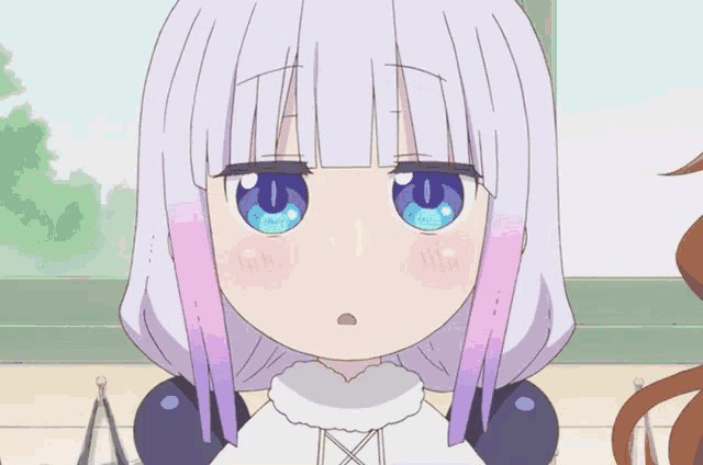 a cartoon girl with white hair and blue eyes looks surprised