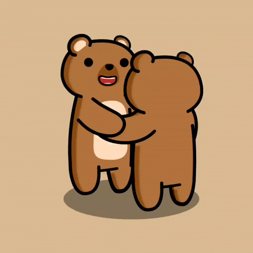 a couple of teddy bears hugging each other on a beige background