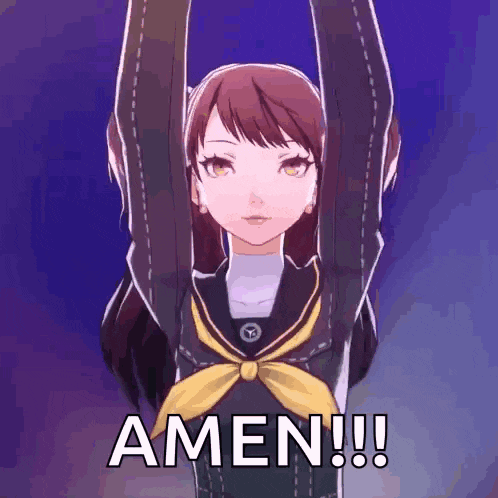 a girl in a school uniform is raising her arms in the air and says amen !!