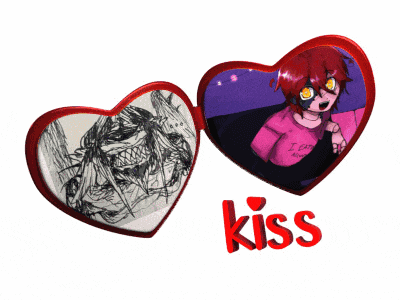 a heart shaped mirror with a drawing of a monster and a picture of a girl in a pink shirt with the word kiss below it