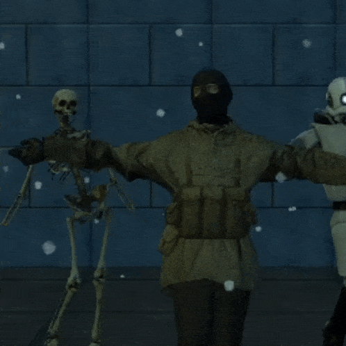 a man in a mask stands next to a skeleton in a video game