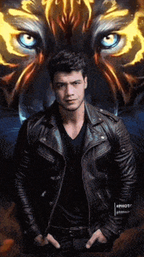 a man in a leather jacket stands in front of a painting of a tiger 's face