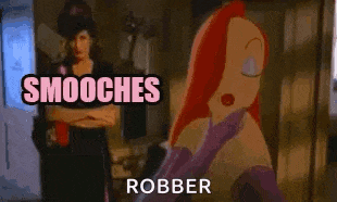 a cartoon of a woman licking another woman 's face with the words smooches robber above her .