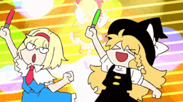 a cartoon drawing of two girls holding up glowing sticks
