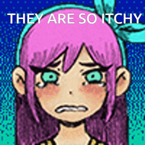 a cartoon girl with pink hair and green eyes is crying with the words `` they are so itchy '' written above her .