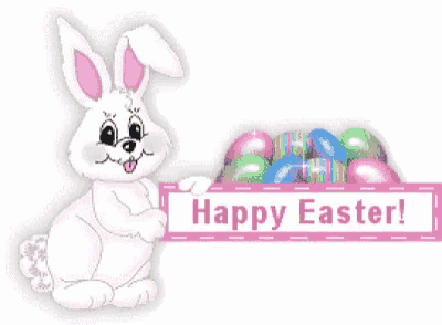 a bunny rabbit holding a sign that says happy easter