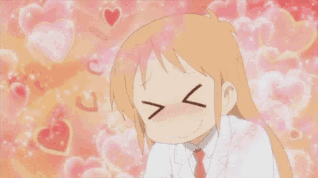 a cartoon character with hearts surrounding her and the letter v on her face